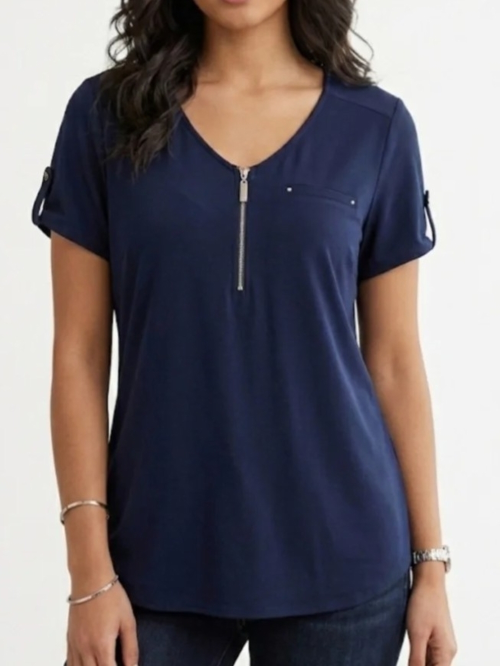 Roz & Ali Black Women's Short Sleeve Zip-Front Top